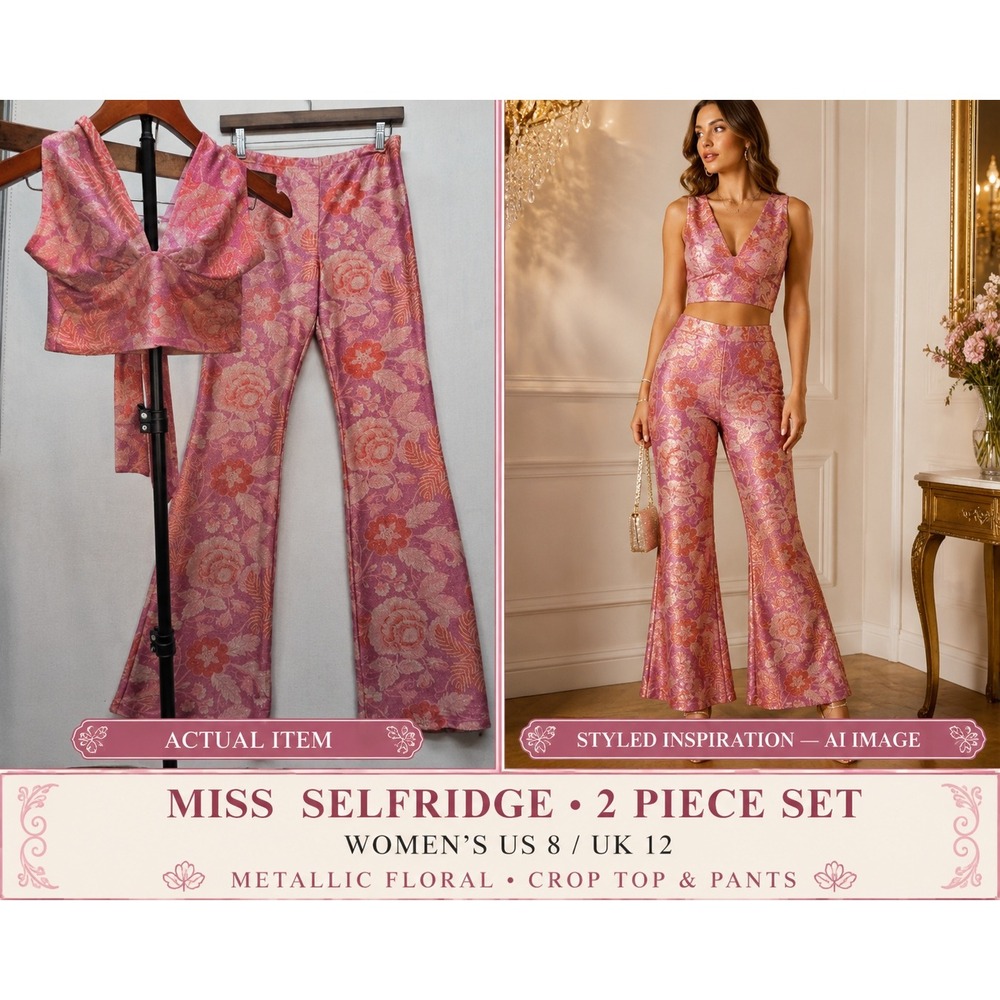 70s Disco Miss Selfridge 2 Piece Co-Ord Pink Glitter Halter, Flared Pants Sz 8
